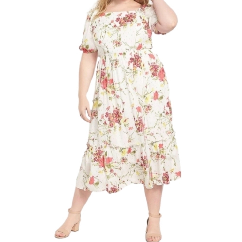 Lane Bryant Convertible Puff Sleeve Tiered Floral Midi Dress
